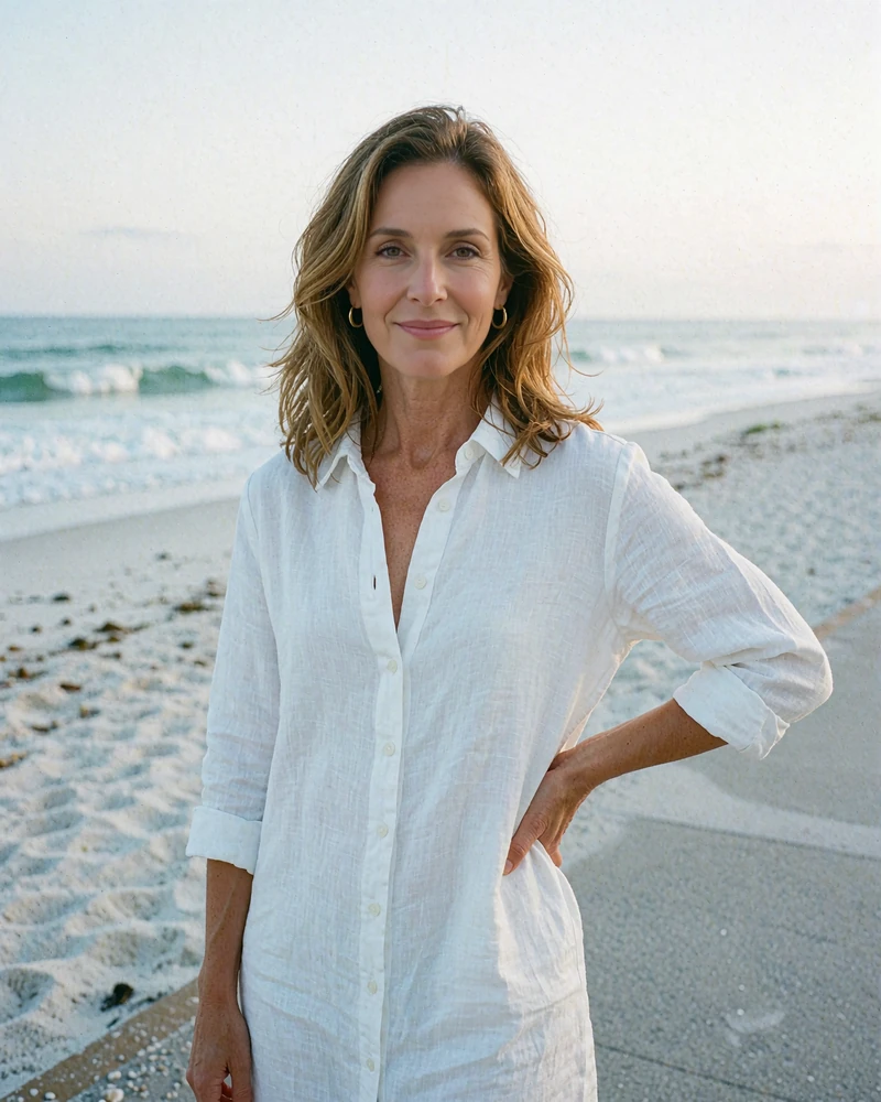 Poised woman in a white linen dress standing on an oceanfront walkway in Miami