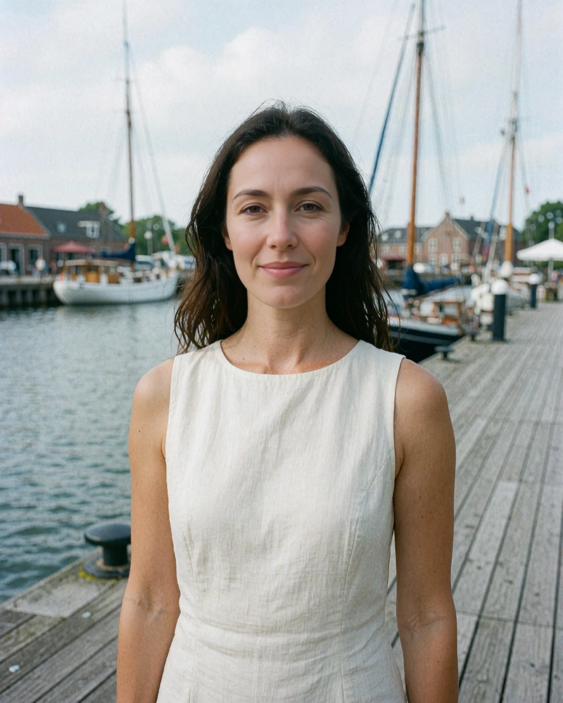 Smiling young woman in an ivory sleeveless dress standing on a wooden harborfront terrace in Boston