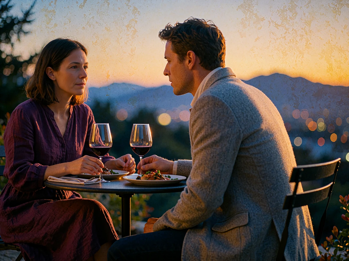 Couple seated at a small table on an open restaurant terrace above the Denver skyline at sunset