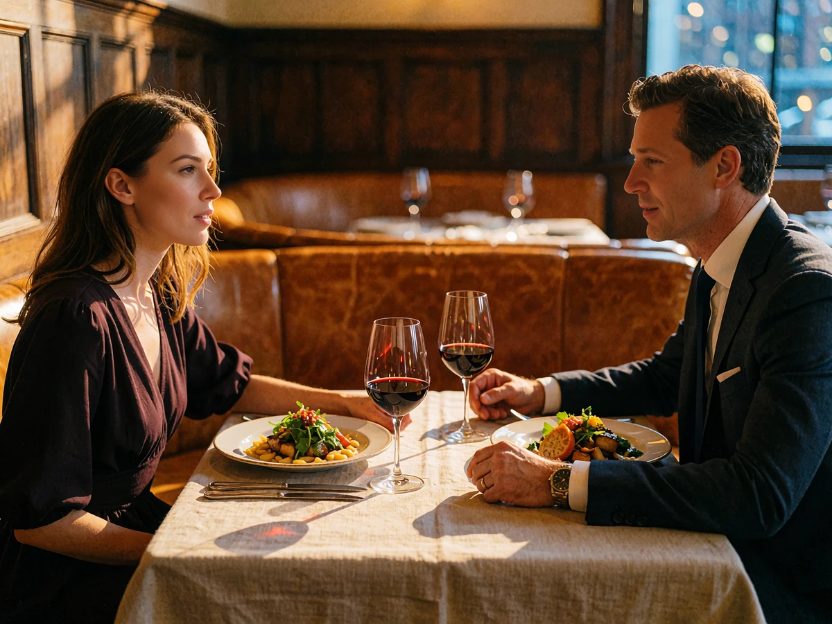 Woman in a plum dress and man in a charcoal suit in conversation over dinner at an upscale Dallas steakhouse