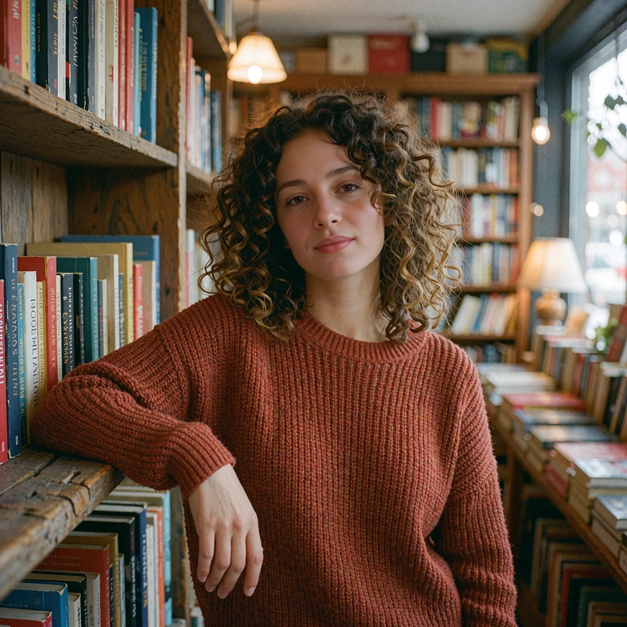 Young woman with curly hair in a rust knit sweater leaning against a shelf in an independent Houston bookshop
